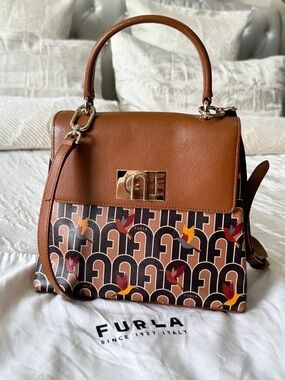 Furla Brown Leather Top-Handle Satchel with Signature Print and Floral Accents